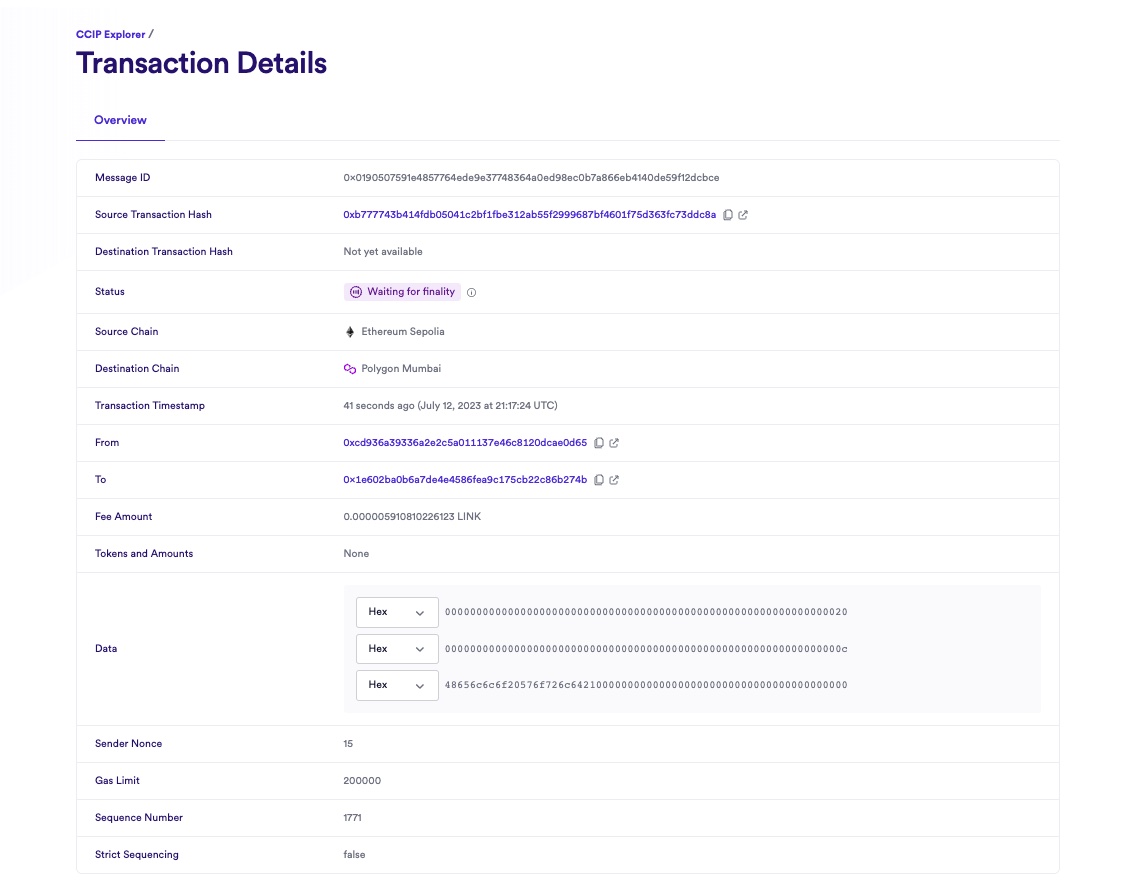 Chainlink CCIP Explorer transaction details